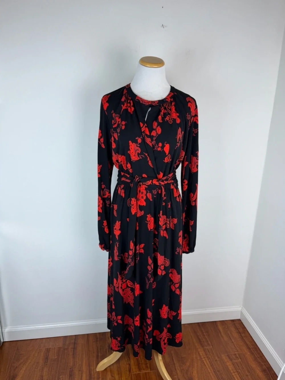 Tory Burch Paisley Jersey Bow Midi Dress Long Sleeve Red Black Size S
